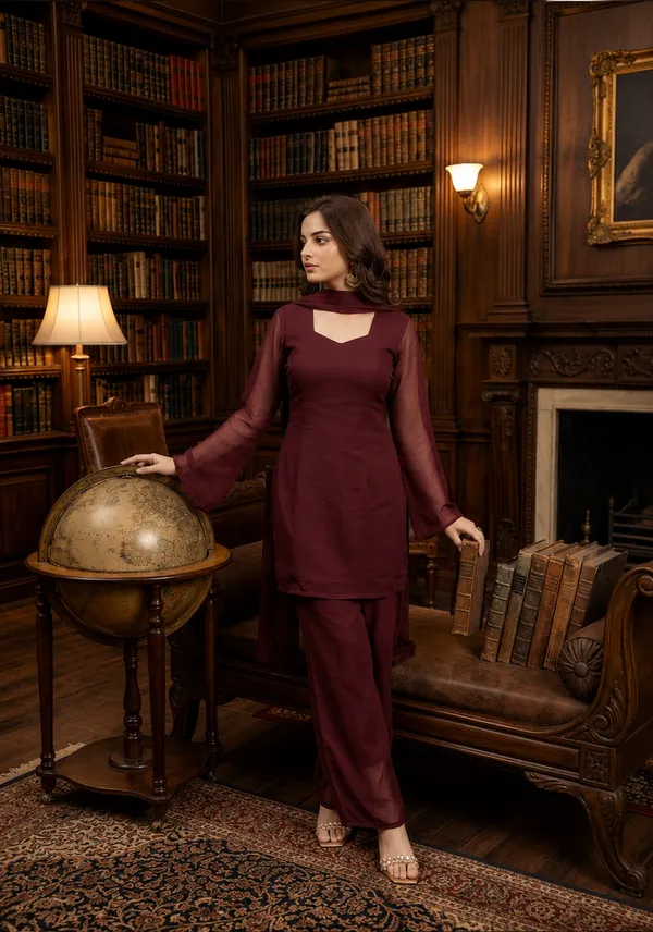 Maroon_Faux_Georgette_V-Neck_Kurti_Palazzo_Dupatta_Set_For_Women