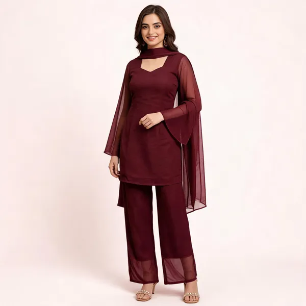 Maroon_Faux_Georgette_V-Neck_Kurti_Palazzo_Dupatta_Set_For_Women