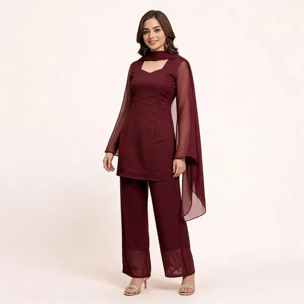 Maroon_Faux_Georgette_V-Neck_Kurti_Palazzo_Dupatta_Set_For_Women
