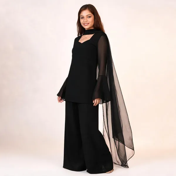 Black_Faux_Georgette_Embroidered_Kurta_Set_With_Palazzo_Pants_And_Dupatta_For_Women