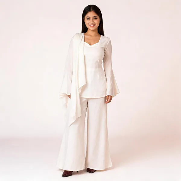 White_Faux_Georgette_V-Neck_Kurti_Palazzo_Dupatta_Set_For_Women