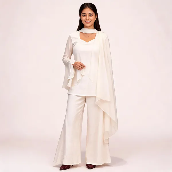 White_Faux_Georgette_V-Neck_Kurti_Palazzo_Dupatta_Set_For_Women