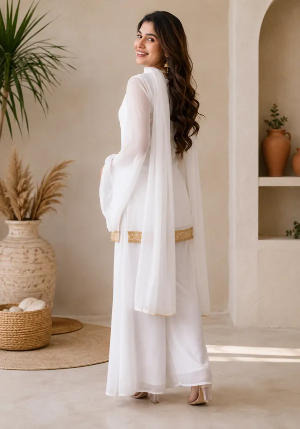 White_Faux_Georgette_V-Neck_Kurti_Palazzo_Dupatta_Set_For_Women