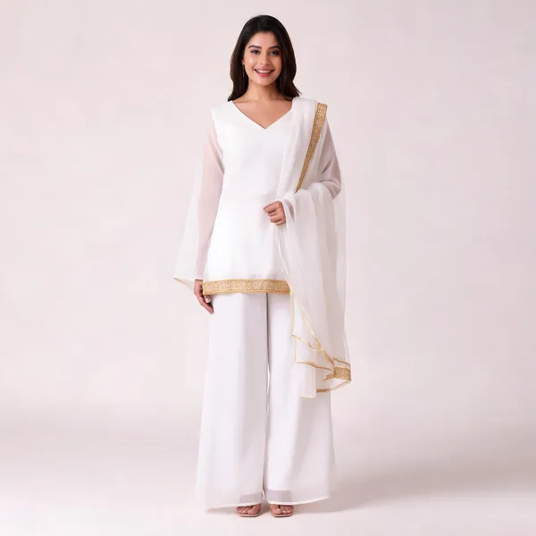 White_Faux_Georgette_V-Neck_Kurti_Palazzo_Dupatta_Set_For_Women