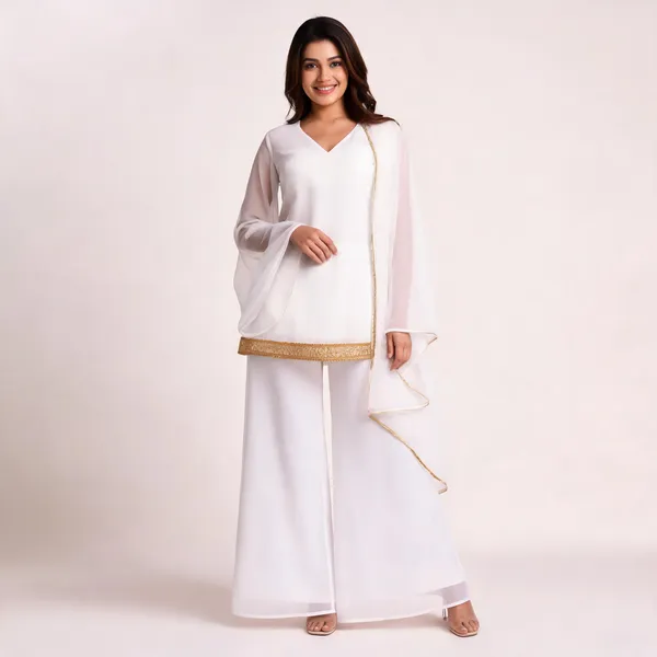 White_Faux_Georgette_V-Neck_Kurti_Palazzo_Dupatta_Set_For_Women
