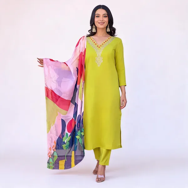 Yellow_Rayon_Silk_Blend_Printed_Dupatta_Embroidered_Kurta_Pant_Set_With_Dupatta_For_Women