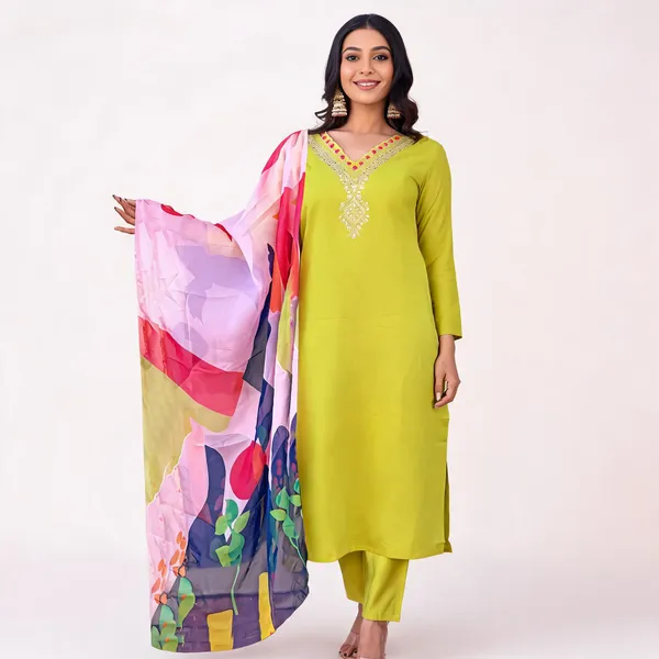 Yellow_Rayon_Silk_Blend_Printed_Dupatta_Embroidered_Kurta_Pant_Set_With_Dupatta_For_Women