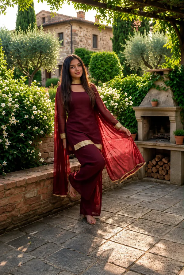 Maroon_Faux_Georgette_V-Neck_Kurti_Palazzo_Dupatta_Set_For_Women