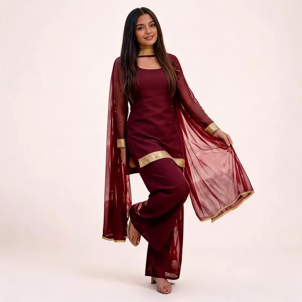 Maroon_Faux_Georgette_V-Neck_Kurti_Palazzo_Dupatta_Set_For_Women