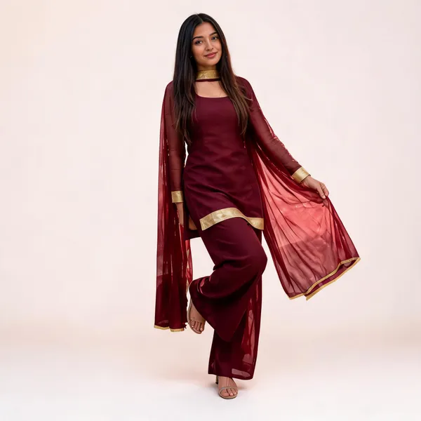 Maroon_Faux_Georgette_V-Neck_Kurti_Palazzo_Dupatta_Set_For_Women