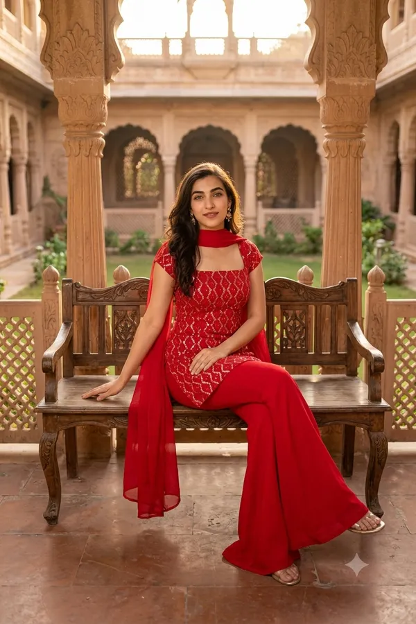 Red_Faux_Georgette_Embroidered_Kurti_Pant_Dupatta_Set_For_Women