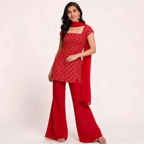 Red_Faux_Georgette_Embroidered_Kurti_Pant_Dupatta_Set_For_Women