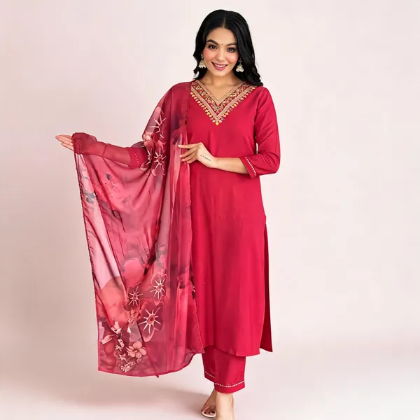 Red_Rayon_Silk_Printed_Dupatta_Embroidered_Straight_Kurta_Set_With_Pant_And_Dupatta_For_Women