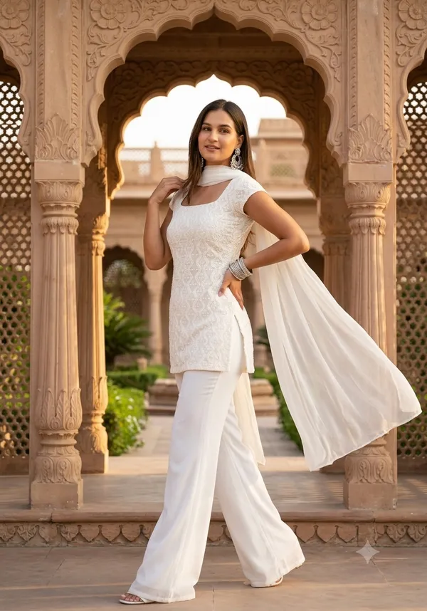 White_Faux_Georgette_Embroidered_Kurta_Set_With_Palazzo_Pants_And_Dupatta_For_Women