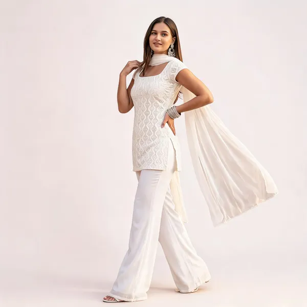 White_Faux_Georgette_Embroidered_Kurta_Set_With_Palazzo_Pants_And_Dupatta_For_Women