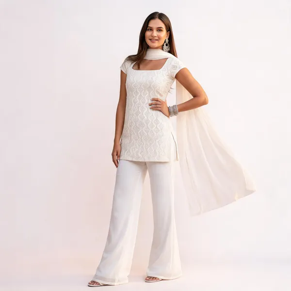 White_Faux_Georgette_Embroidered_Kurta_Set_With_Palazzo_Pants_And_Dupatta_For_Women