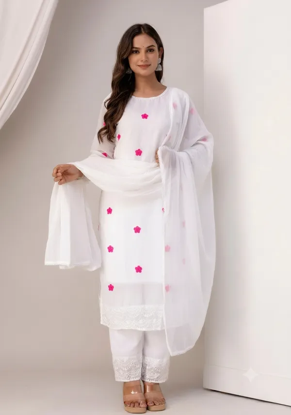 Women's_White_Floral_Embroidered_Kurti_Pant_&_Chiffon_Dupatta_Set
