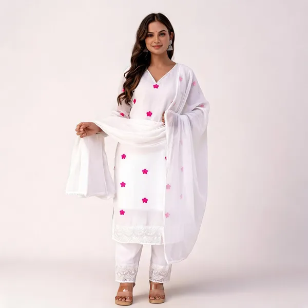 White_Faux_Georgette_V-Neck_Kurti_Palazzo_Dupatta_Set_For_Women