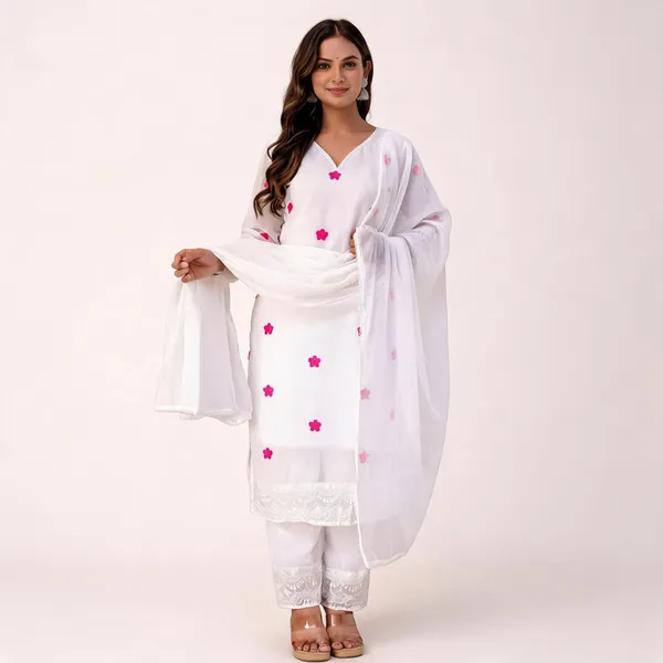 White_Faux_Georgette_V-Neck_Kurti_Palazzo_Dupatta_Set_For_Women