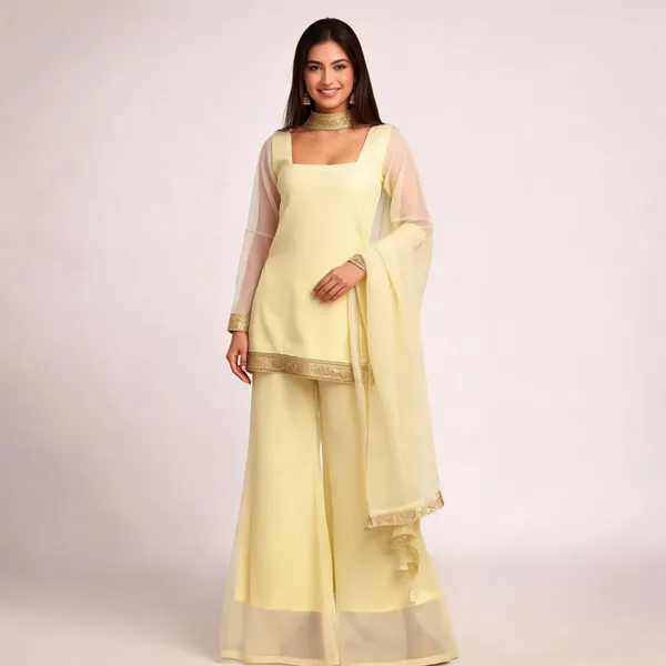 Yellow_Faux_Georgette_Embroidered_Kurti_Pant_Dupatta_Set_For_Women