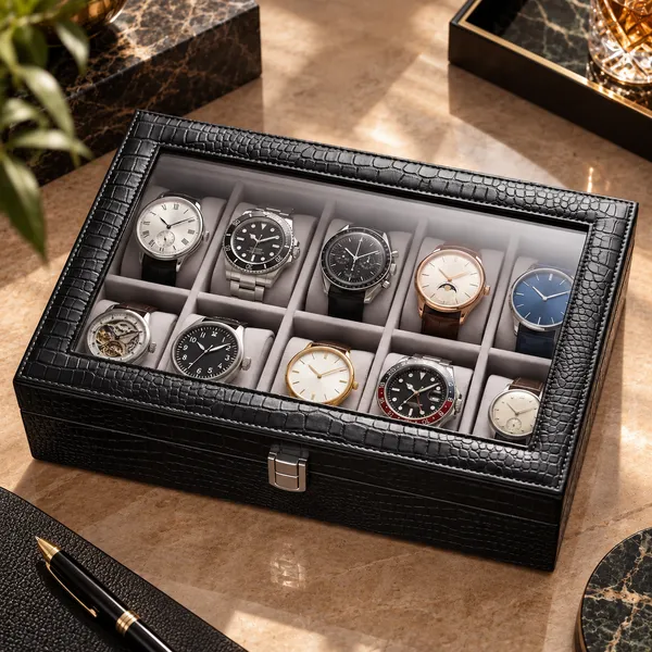 Black_Textured_Crocodile_Pattern_Ten_Slot_Watch_Storage_Box