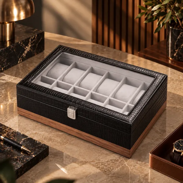 Black_Textured_Crocodile_Pattern_Ten_Slot_Watch_Storage_Box