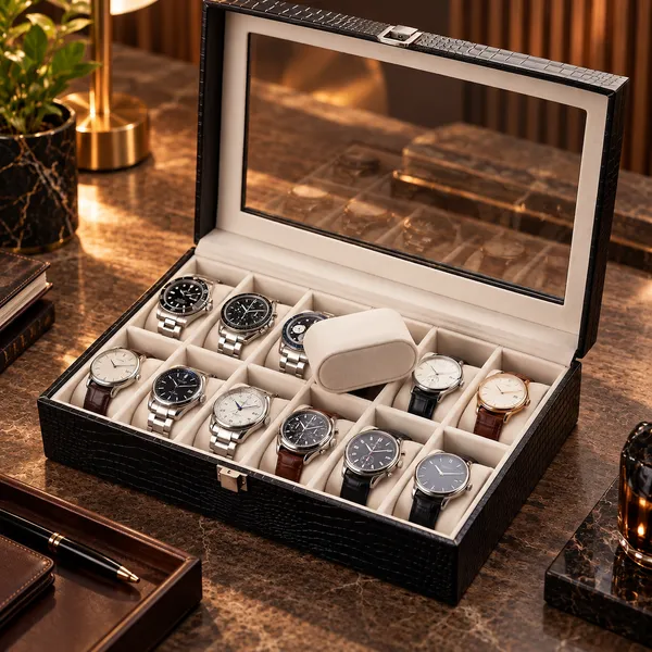 Black_Textured_Crocodile_Pattern_Ten_Slot_Watch_Storage_Box