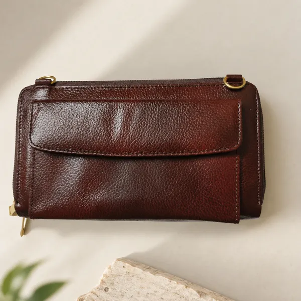 Brown_Textured_Leather_Look_Zip_Wallet_For_Women