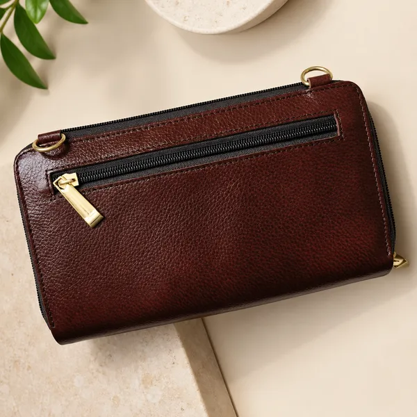 Brown_Textured_Leather_Look_Zip_Wallet_For_Women
