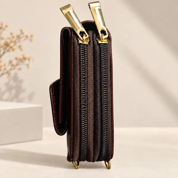 Brown_Textured_Leather_Look_Zip_Wallet_For_Women