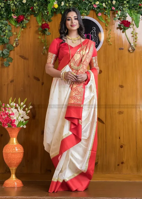Red_&_White_Banarasi_Soft_Silk_Saree_For_Women