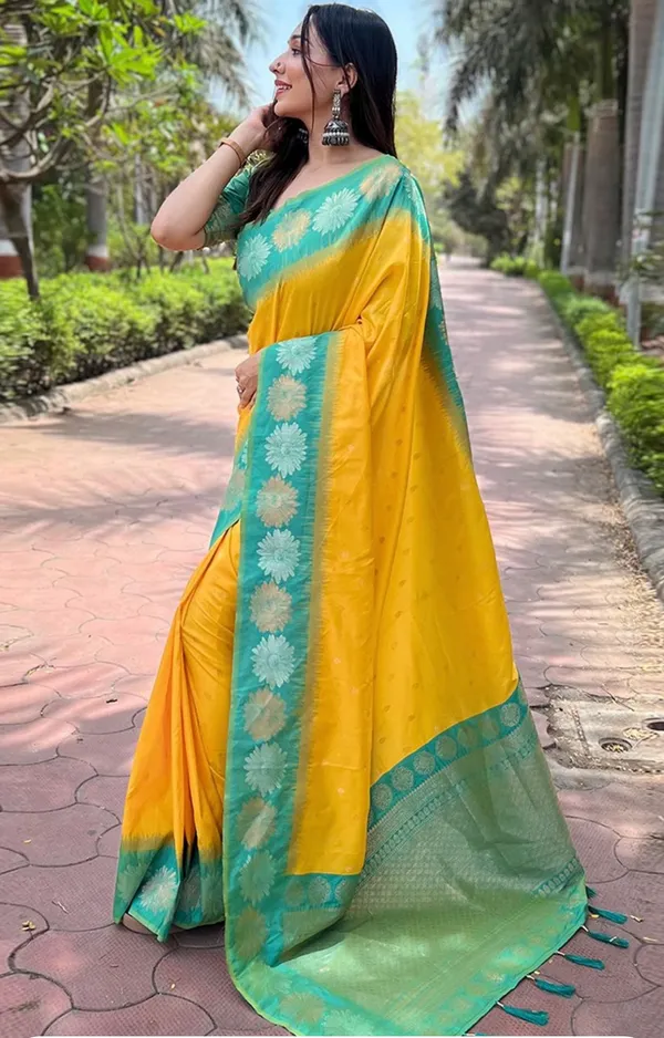 Yellow_Banarasi_Soft_Silk_Saree_For_Women