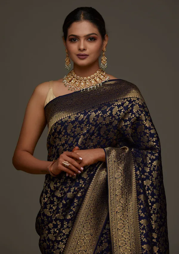 Navy_Blue_Banarasi_Soft_Silk_Saree_For_Women