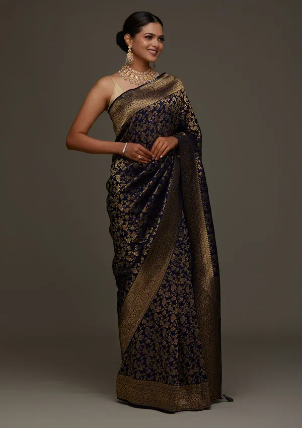 Navy_Blue_Banarasi_Soft_Silk_Saree_For_Women