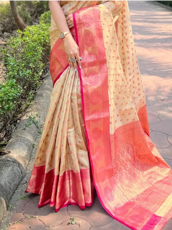 Cream_Banarasi_Soft_Silk_Saree_For_Women