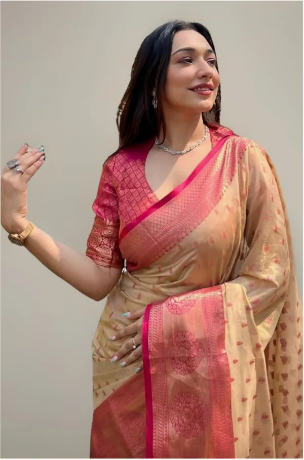 Cream_Banarasi_Soft_Silk_Saree_For_Women