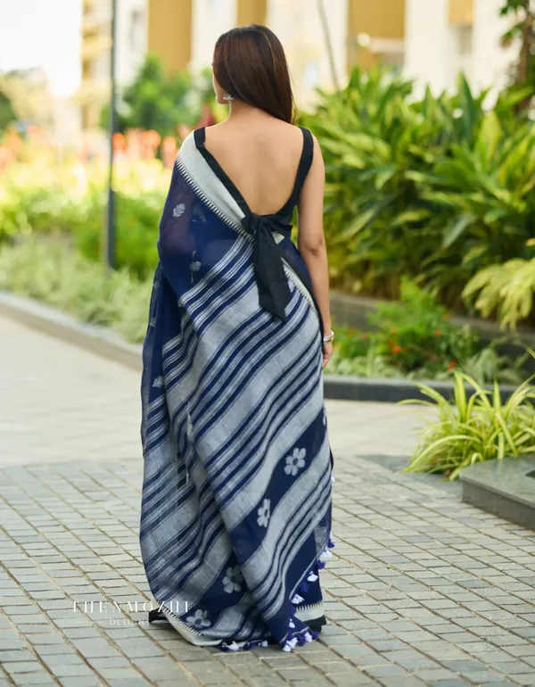 Navy_Blue_Linen_Slab_Saree_For_Women