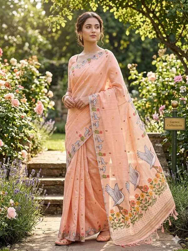 Peach_Linen_Slab_Saree_For_Women