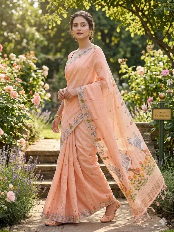 Peach_Linen_Slab_Saree_For_Women