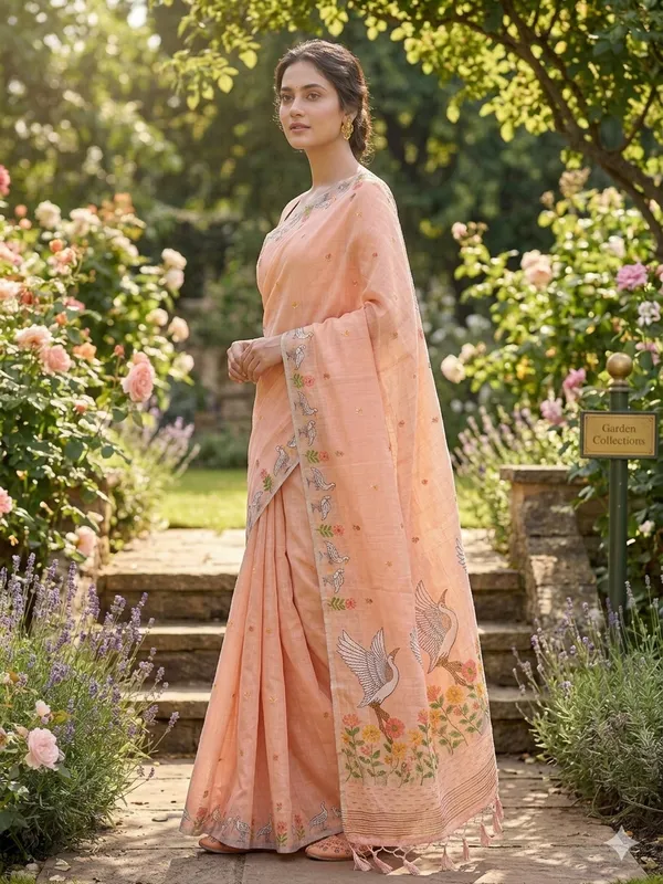 Peach_Linen_Slab_Saree_For_Women