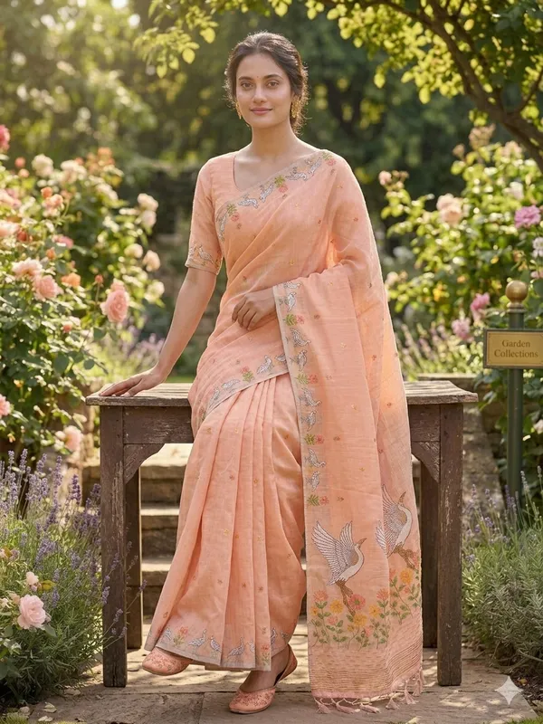 Peach_Linen_Slab_Saree_For_Women