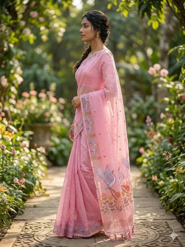 Pink_Linen_Slab_Saree_For_Women