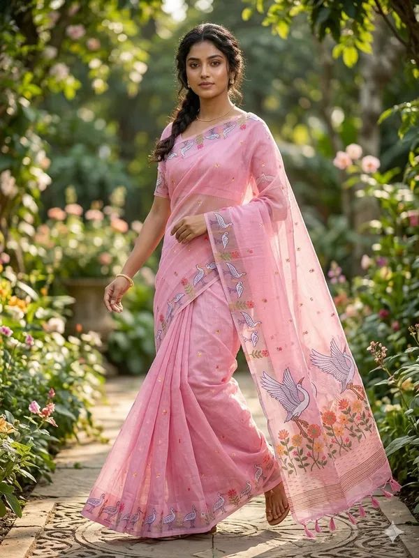 Pink_Linen_Slab_Saree_For_Women