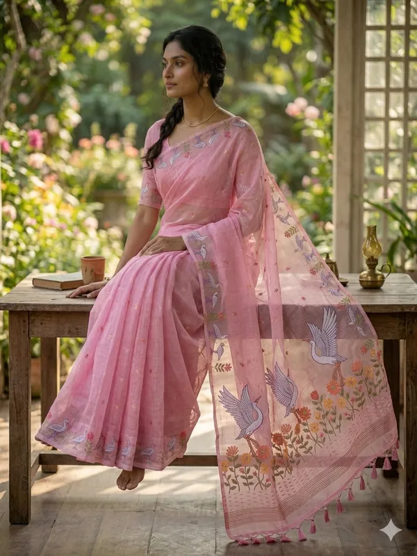 Pink_Linen_Slab_Saree_For_Women