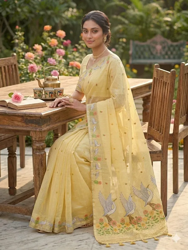 Yellow_Linen_Slab_Saree_For_Women