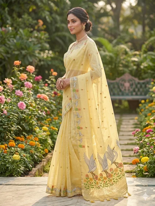 Yellow_Linen_Slab_Saree_For_Women