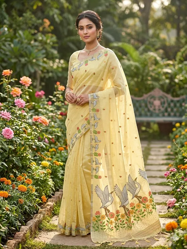 Yellow_Linen_Slab_Saree_For_Women