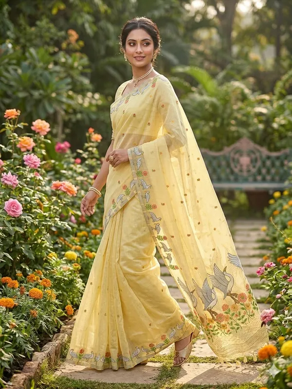 Yellow_Linen_Slab_Saree_For_Women
