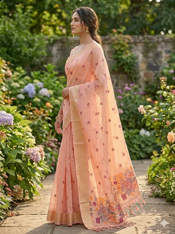 Peach_Linen_Slab_Saree_For_Women