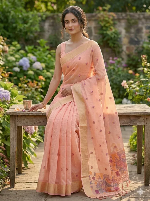 Peach_Linen_Slab_Saree_For_Women